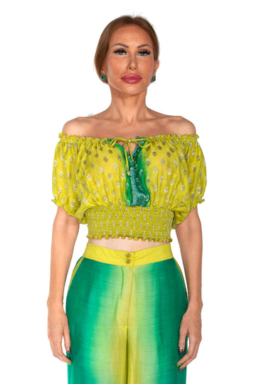Karissa - Hand Cut Silk Degrade Crop Top with tied strings hand beaded and elastic hem sleeves. (7123715129540)